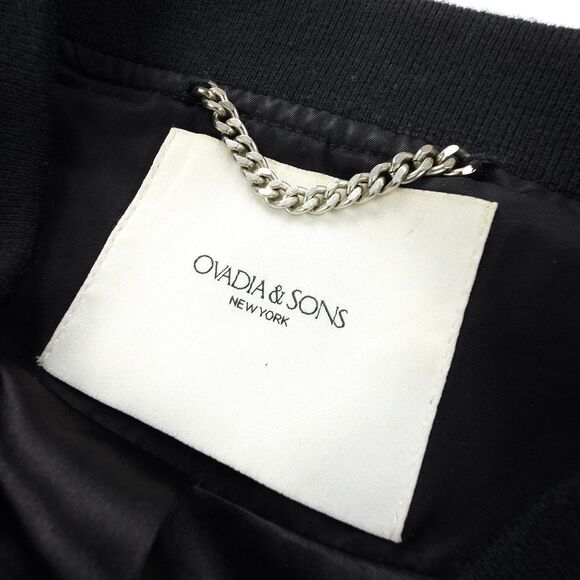 OVADIA & SONS Leather Trim Satin Bomber Jacket Black Minimal Athleisure Aviator - Picture 2 of 14